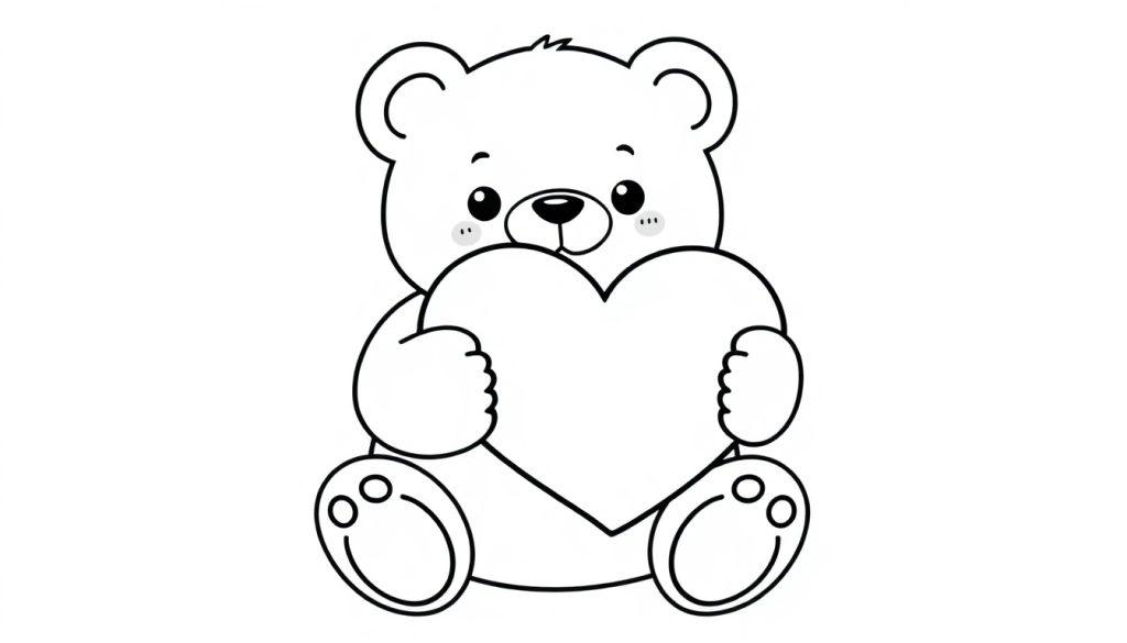 Schwarz-weiße Farbtafel-Zeichnung eines niedlichen Teddybären, der ein Herz hält.