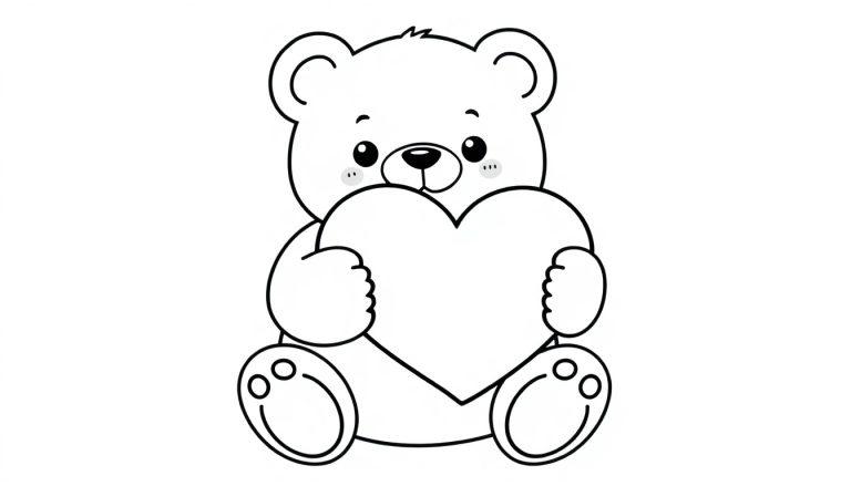 Schwarz-weiße Farbtafel-Zeichnung eines niedlichen Teddybären, der ein Herz hält.