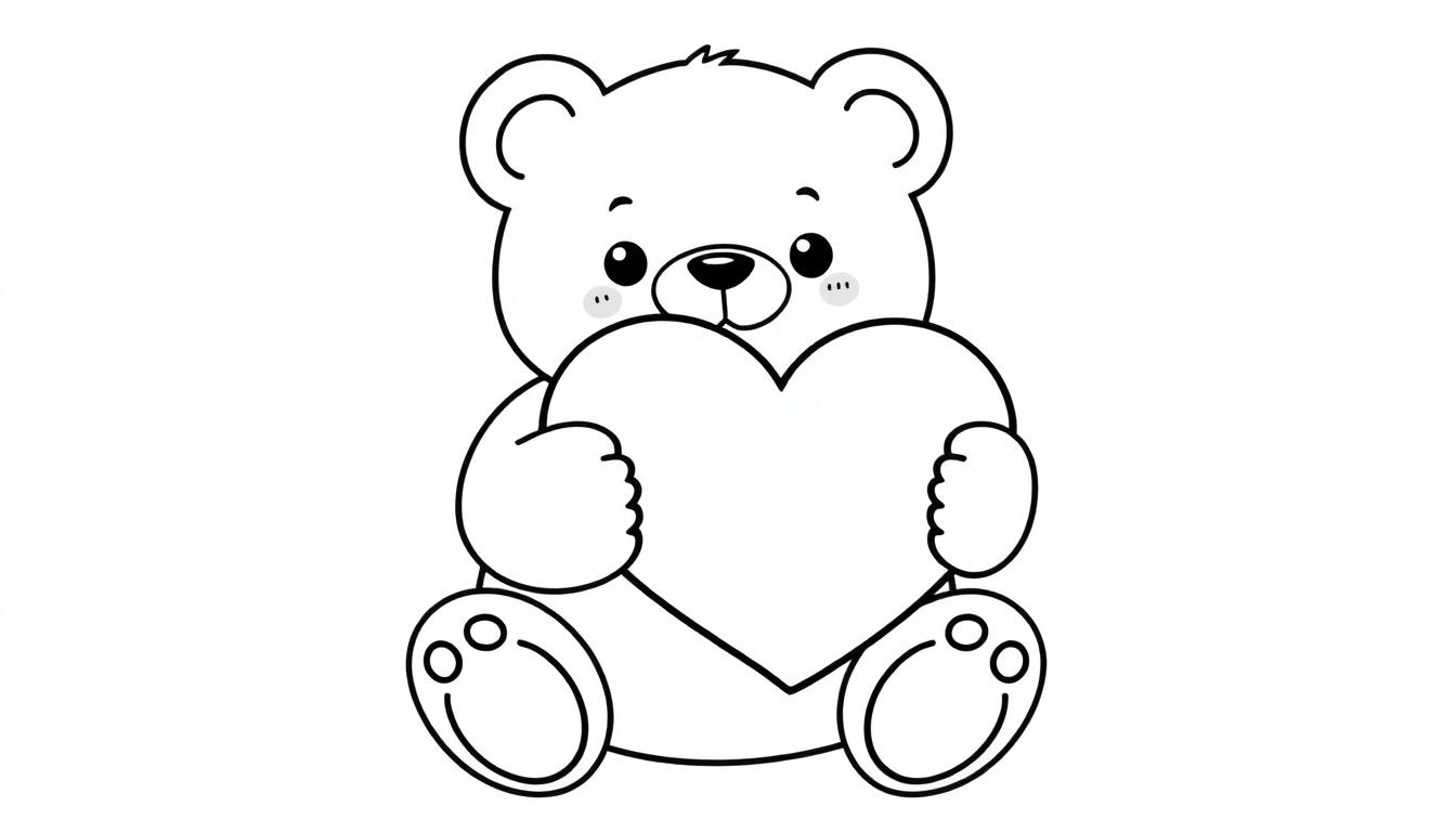 Schwarz-weiße Farbtafel-Zeichnung eines niedlichen Teddybären, der ein Herz hält.