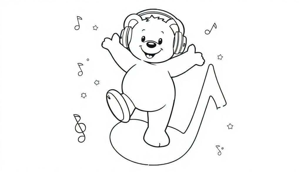 Farbtafel eines lächelnden Teddybären mit Kopfhörern, der auf einer Musiknote steht und tanzt.