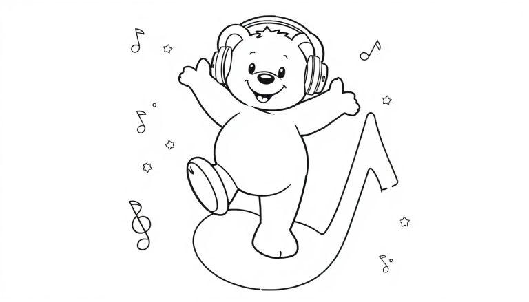 Farbtafel eines lächelnden Teddybären mit Kopfhörern, der auf einer Musiknote steht und tanzt.