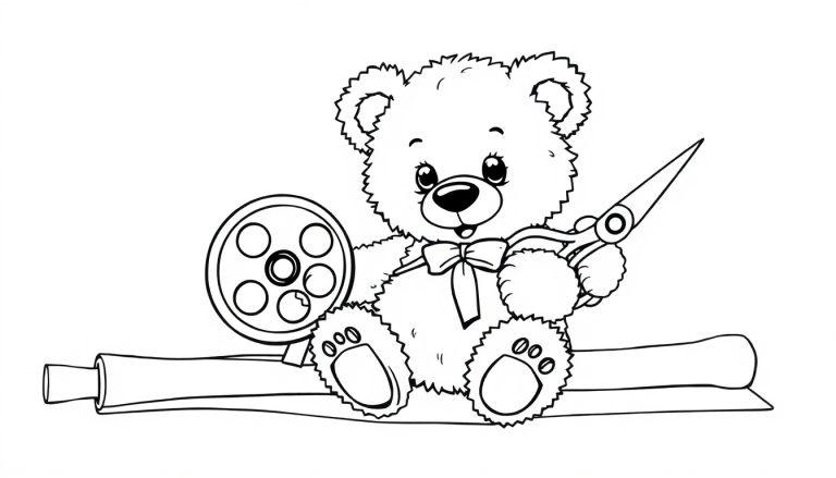 Ein Teddybär als Farbtafel, der mit Stoff und Schere näht.