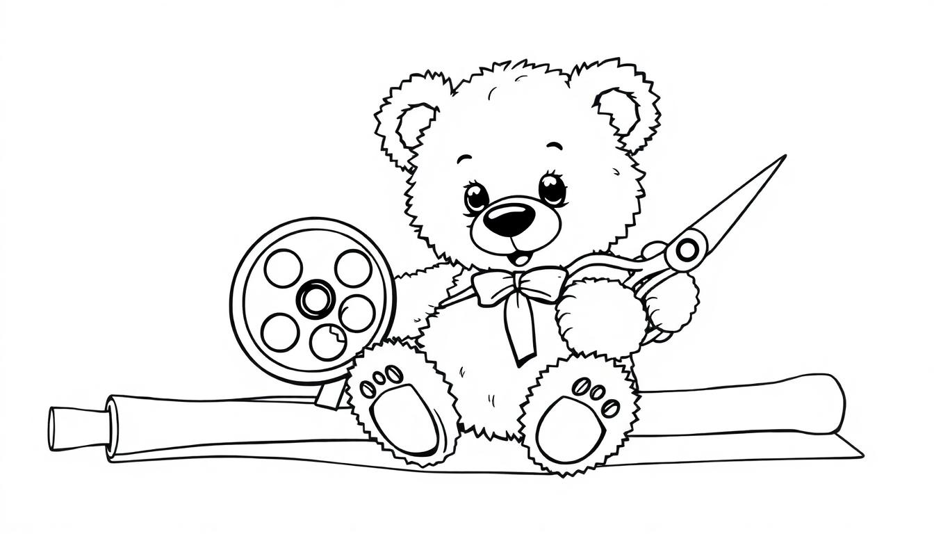 Ein Teddybär als Farbtafel, der mit Stoff und Schere näht.