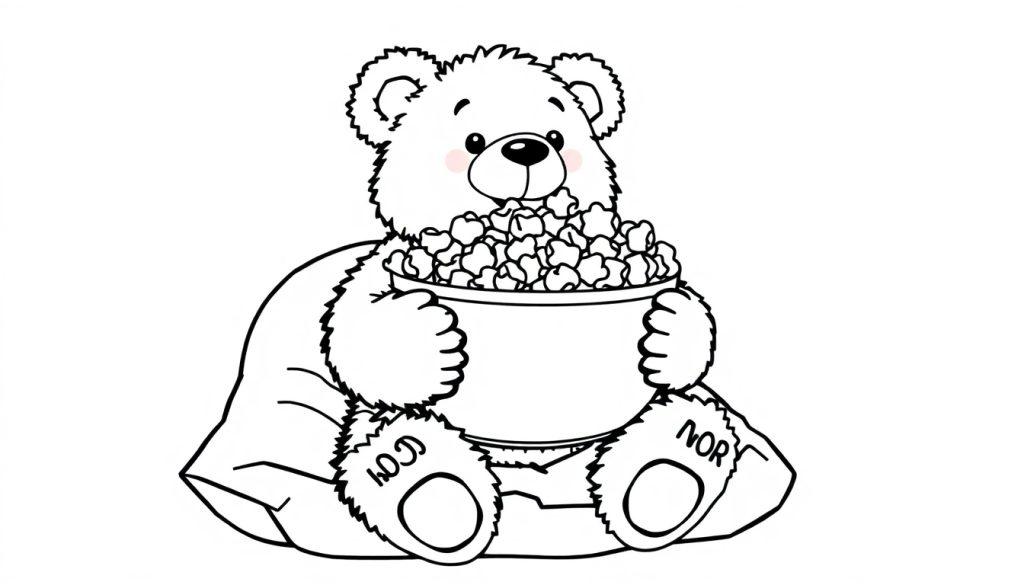 Ein süßer Cartoon-Teddybär sitzt auf einem Kissen und hält eine große Schüssel Popcorn in dieser Schwarz-Weiß-Farbtafel-Illustration.