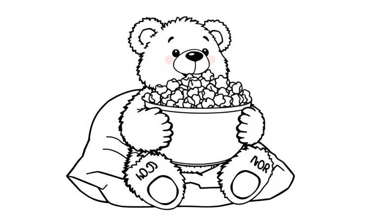 Ein süßer Cartoon-Teddybär sitzt auf einem Kissen und hält eine große Schüssel Popcorn in dieser Schwarz-Weiß-Farbtafel-Illustration.