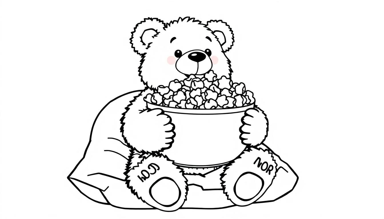 Ein süßer Cartoon-Teddybär sitzt auf einem Kissen und hält eine große Schüssel Popcorn in dieser Schwarz-Weiß-Farbtafel-Illustration.