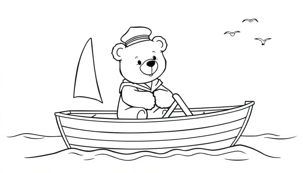 Schwarz-weiße Farbtafel eines Teddybären im Matrosenhut, der in einem Segelboot auf dem Wasser rudert, mit Möwen darüber.