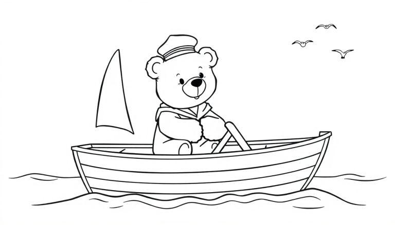 Schwarz-weiße Farbtafel eines Teddybären im Matrosenhut, der in einem Segelboot auf dem Wasser rudert, mit Möwen darüber.