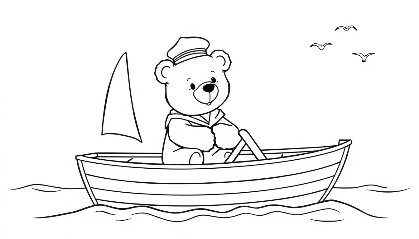 Schwarz-weiße Farbtafel eines Teddybären im Matrosenhut, der in einem Segelboot auf dem Wasser rudert, mit Möwen darüber.