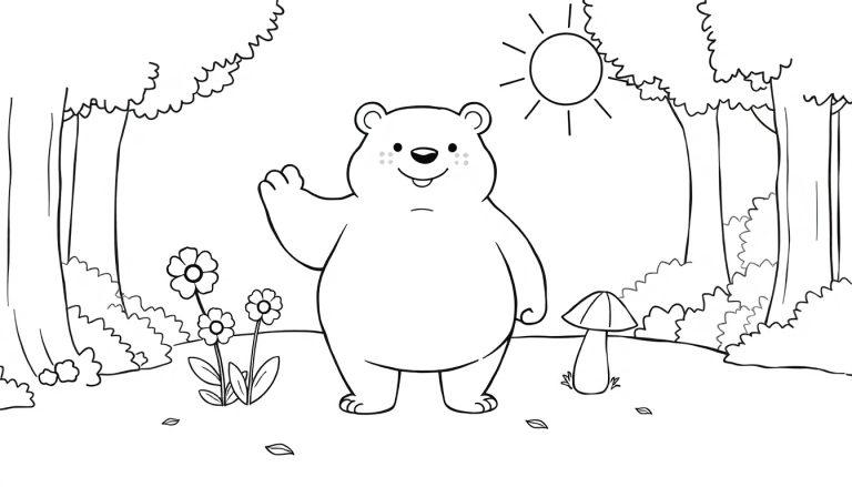 Eine niedliche Schwarz-Weiß-Farbtafel eines Teddybären, der im Wald winkt, umgeben von Blumen, einem Pilz und der Sonne.