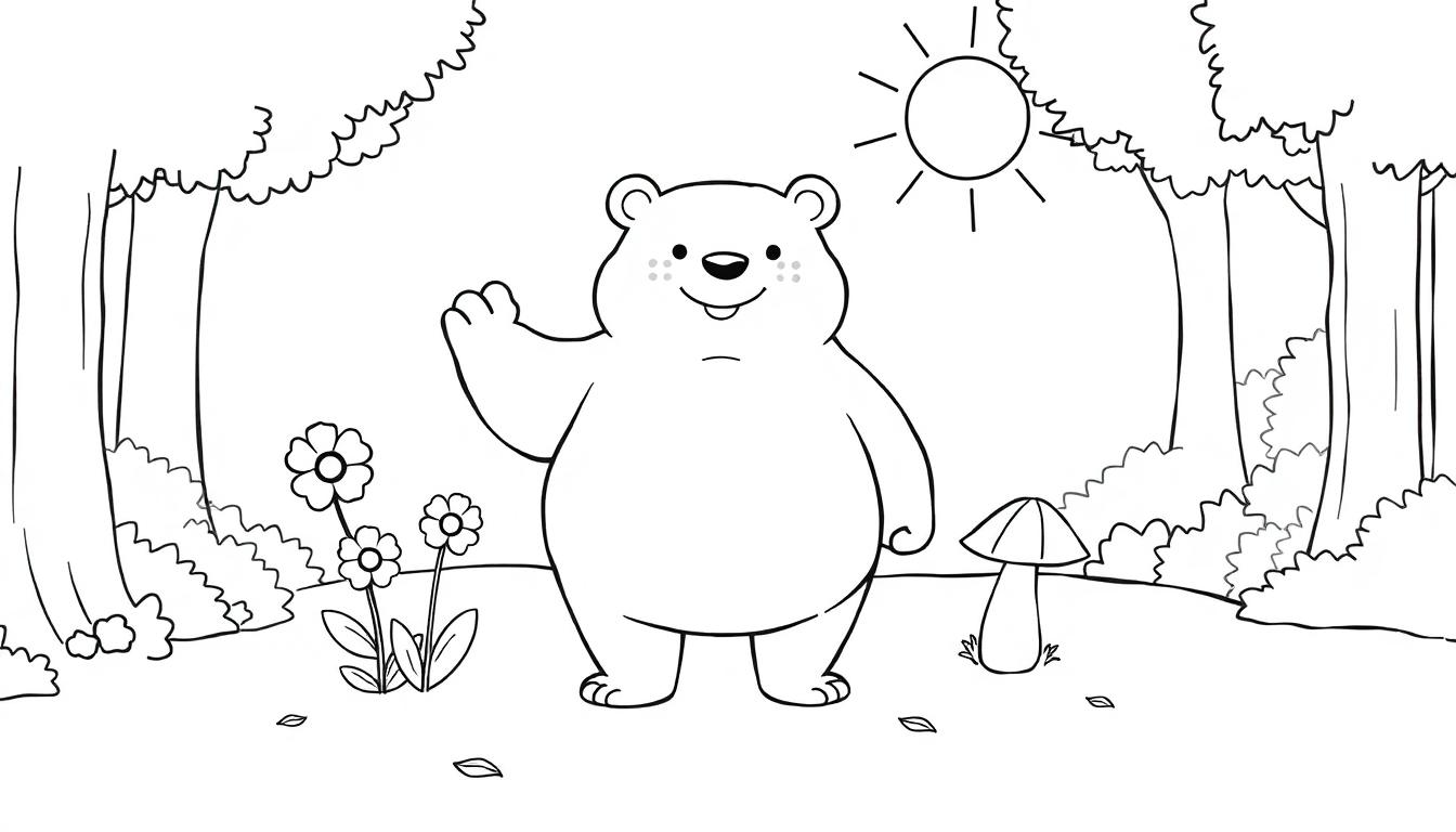 Eine niedliche Schwarz-Weiß-Farbtafel eines Teddybären, der im Wald winkt, umgeben von Blumen, einem Pilz und der Sonne.