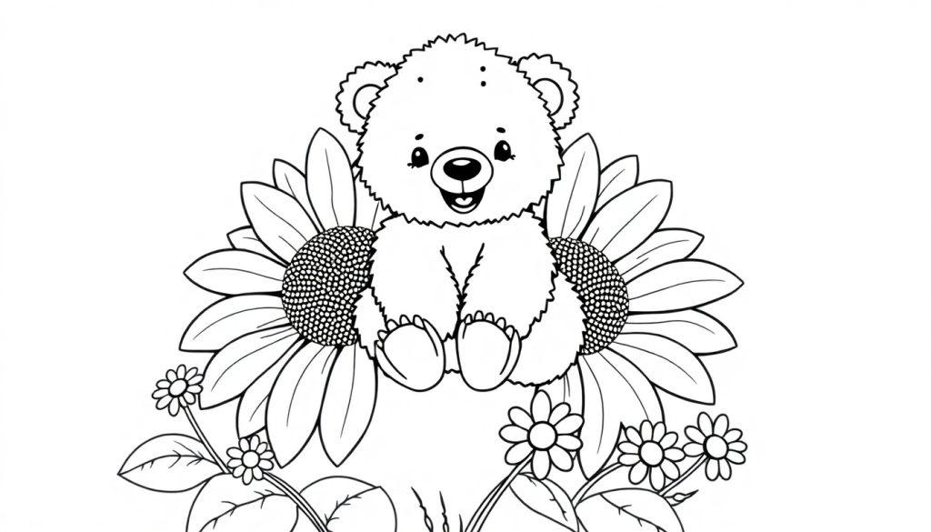 Ein entzückender Teddybär sitzt auf einer Sonnenblume, eine Schwarz-Weiß-Farbtafel.