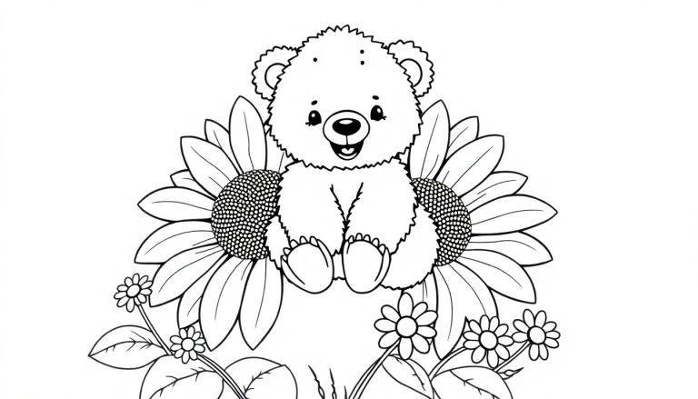 Ein entzückender Teddybär sitzt auf einer Sonnenblume, eine Schwarz-Weiß-Farbtafel.
