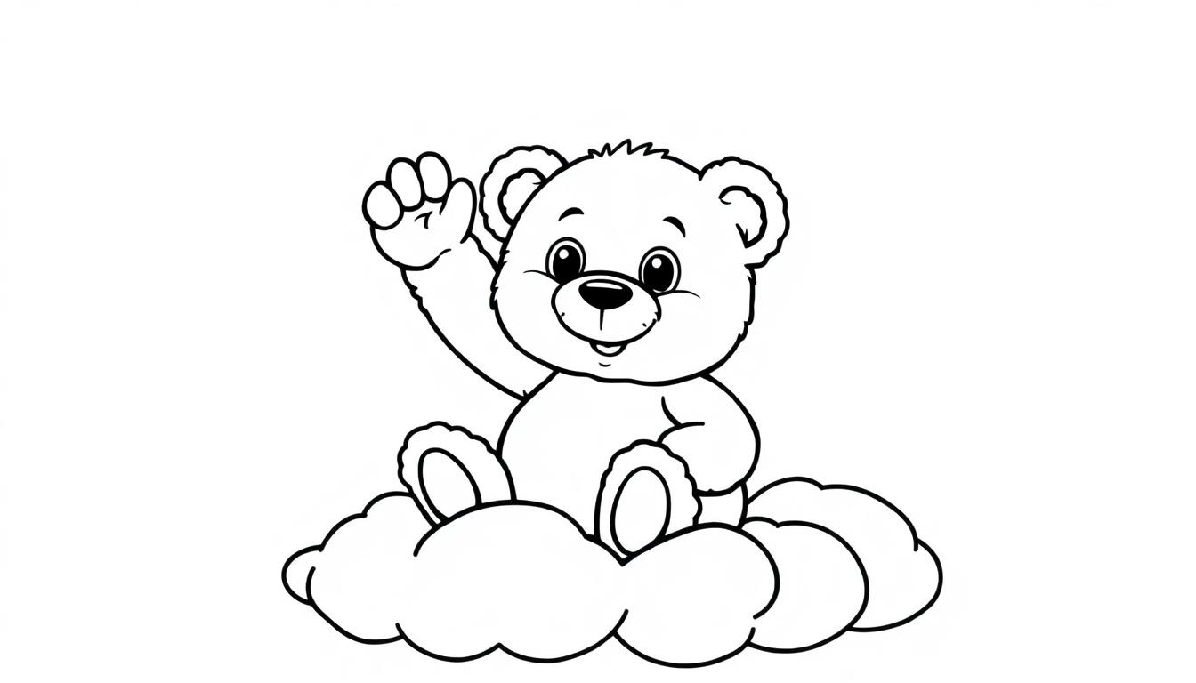 Schwarz-weiße Farbtafel eines Teddybären, der auf einer Wolke winkt.