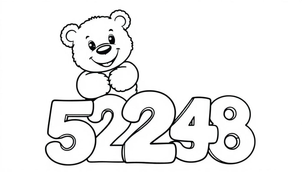 Eine Schwarz-Weiß-Farbtafel mit einer Cartoon-Zeichnung eines lächelnden Teddybären, der auf den Zahlen 52248 sitzt.