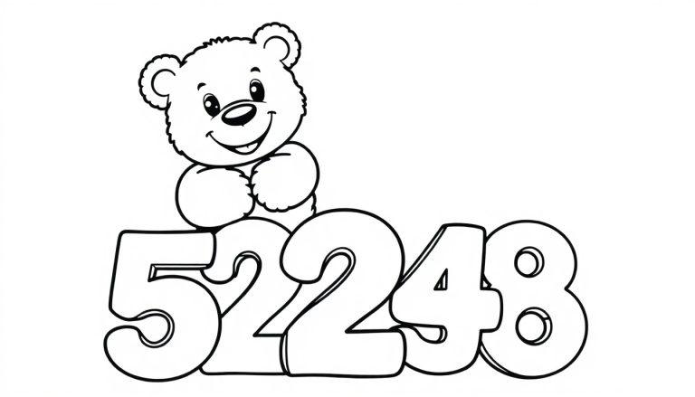 Eine Schwarz-Weiß-Farbtafel mit einer Cartoon-Zeichnung eines lächelnden Teddybären, der auf den Zahlen 52248 sitzt.