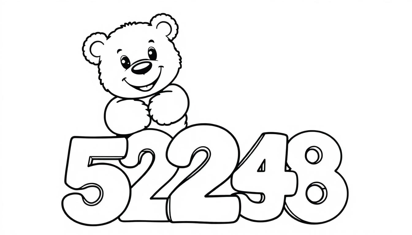 Eine Schwarz-Weiß-Farbtafel mit einer Cartoon-Zeichnung eines lächelnden Teddybären, der auf den Zahlen 52248 sitzt.