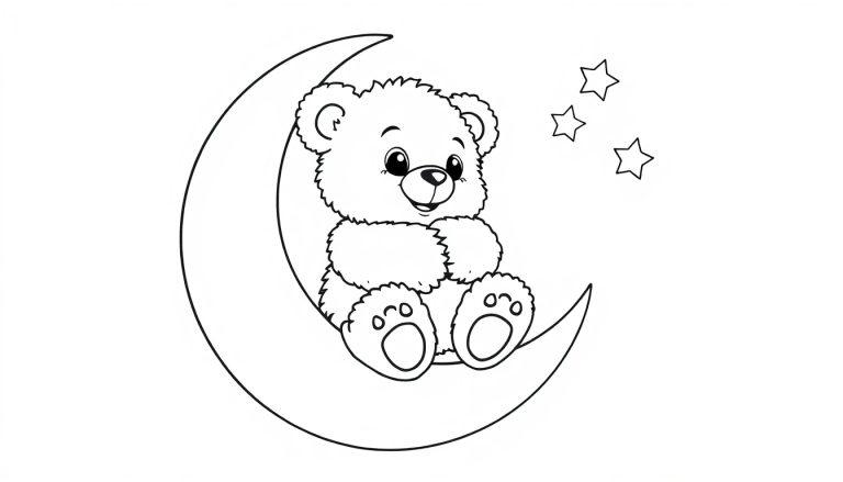 Schwarz-weiße Farbtafel eines süßen Teddybären, der auf dem Halbmond sitzt, mit drei Sternen im Hintergrund.