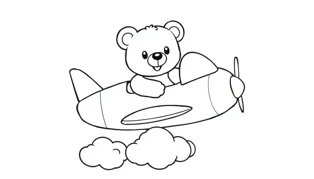 Schwarz-weiße Farbtafel eines Teddybären, der lächelnd ein Flugzeug fliegt, durch Wolken.