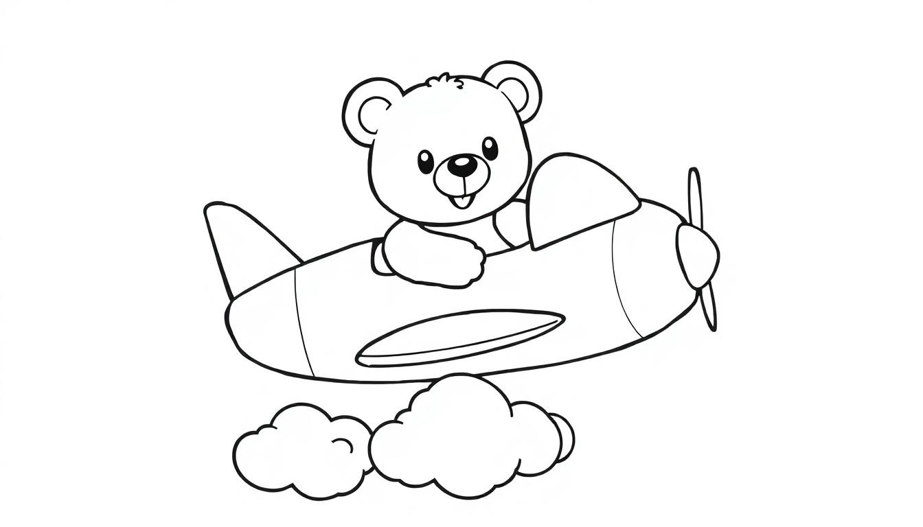 Schwarz-weiße Farbtafel eines Teddybären, der lächelnd ein Flugzeug fliegt, durch Wolken.