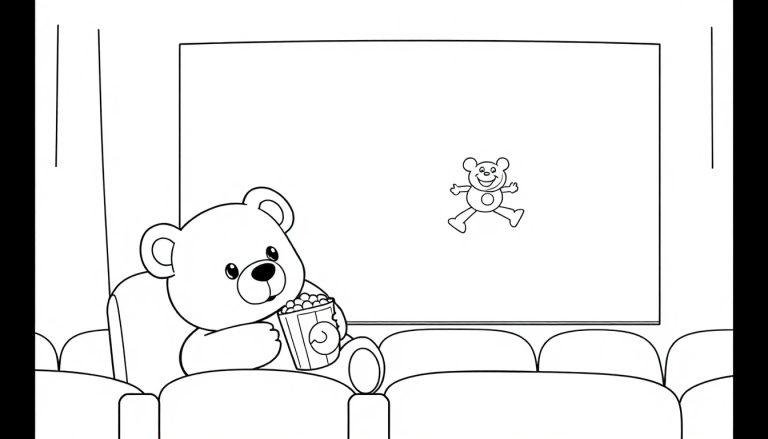 Ein Schwarz-Weiß-Cartoon: Ein Teddybär isst Popcorn im Kino und schaut einen schwebenden Teddybären auf der Leinwand. Farbtafel.