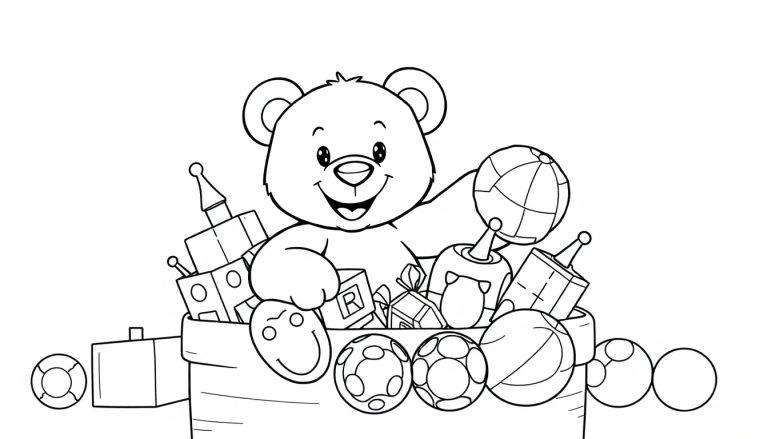 Ein lächelnder Teddybär in einer Spielzeugkiste, Schwarz-weiß Farbtafel.