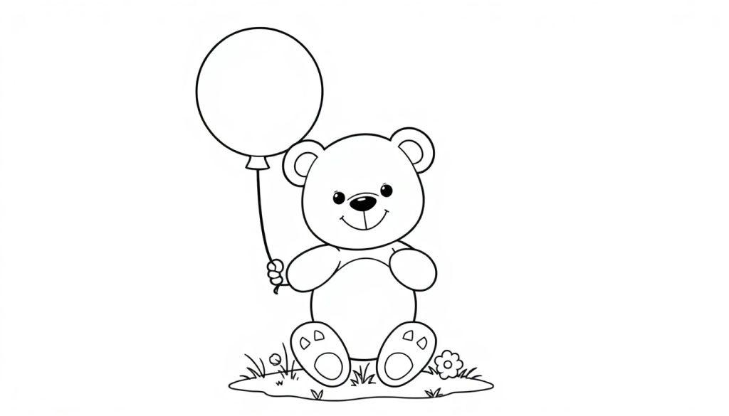 Schwarz-weiß Cartoon-Farbtafel eines sitzenden Teddybären mit einem Ballon.