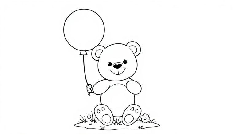 Schwarz-weiß Cartoon-Farbtafel eines sitzenden Teddybären mit einem Ballon.