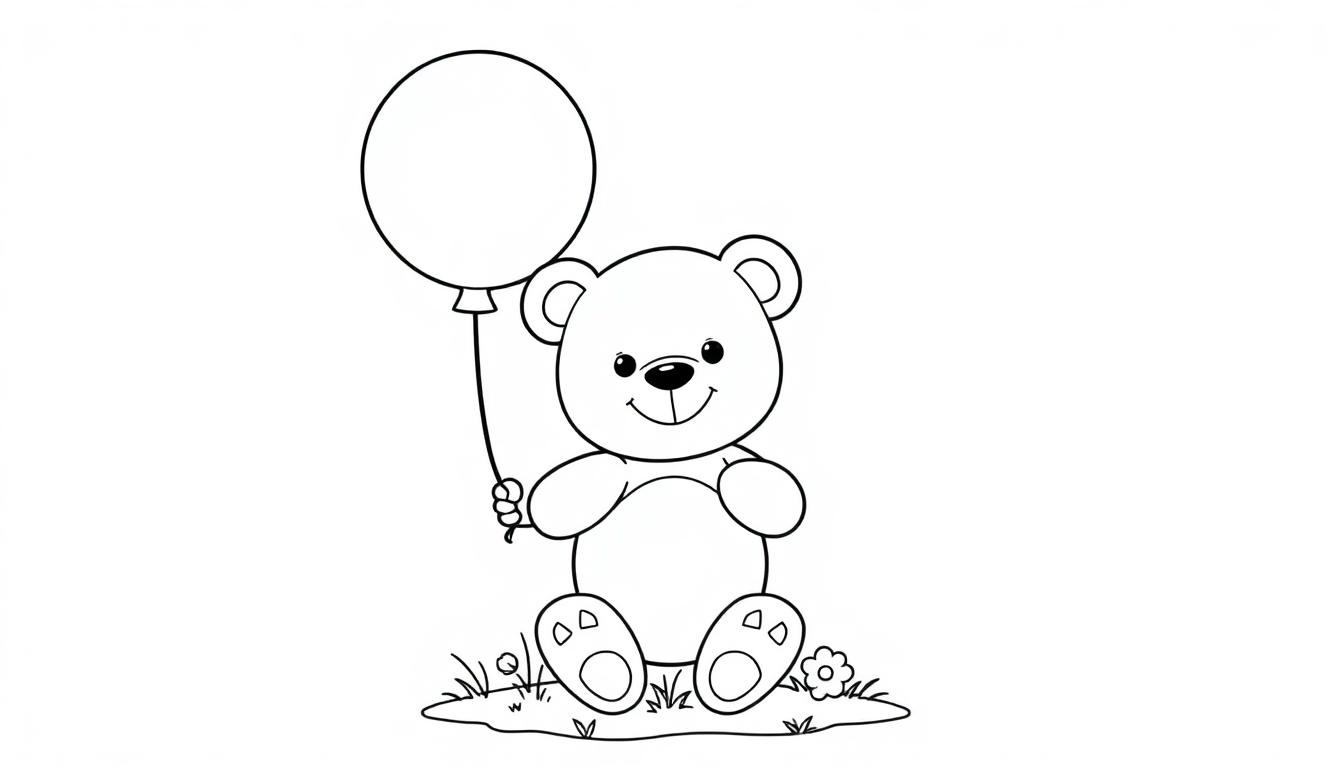 Schwarz-weiß Cartoon-Farbtafel eines sitzenden Teddybären mit einem Ballon.