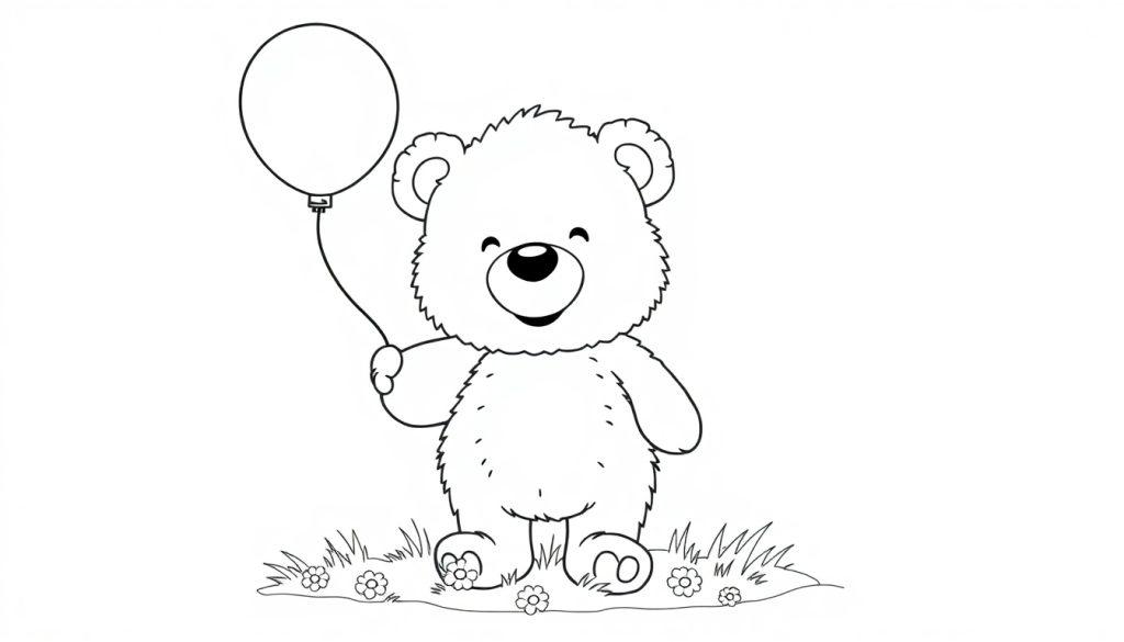 Ein niedlicher Teddybär mit einem Ballon, bereit für seine Farbtafel.