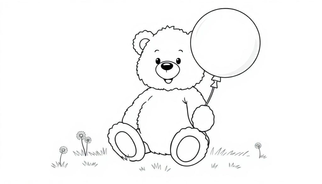 Eine Schwarz-Weiß-Farbtafel eines kuscheligen Teddybären, der auf einer Wiese sitzt und einen Ballon hält.