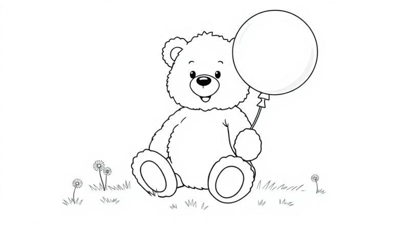 Eine Schwarz-Weiß-Farbtafel eines kuscheligen Teddybären, der auf einer Wiese sitzt und einen Ballon hält.