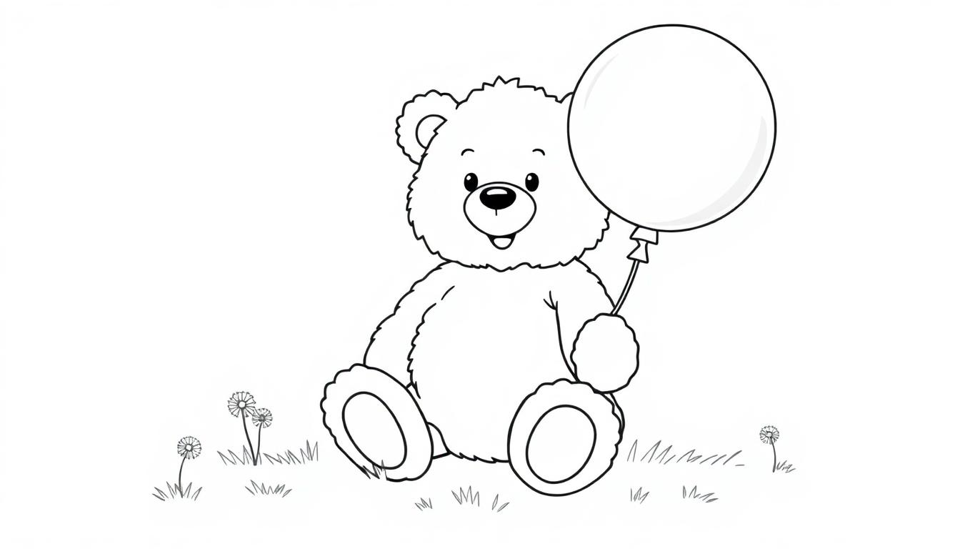 Eine Schwarz-Weiß-Farbtafel eines kuscheligen Teddybären, der auf einer Wiese sitzt und einen Ballon hält.