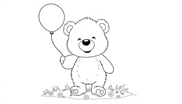 Ein niedlicher Teddybär mit einem Ballon, bereit für seine Farbtafel.