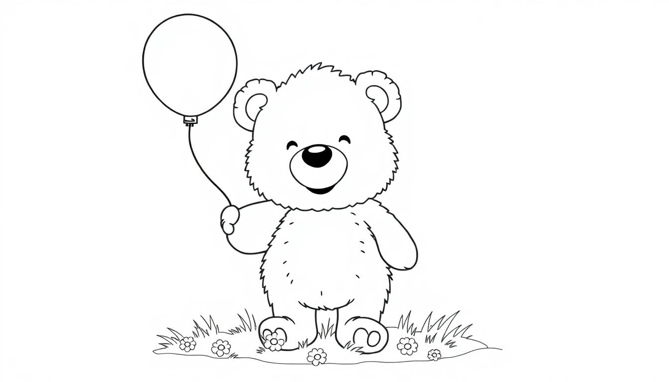 Ein niedlicher Teddybär mit einem Ballon, bereit für seine Farbtafel.