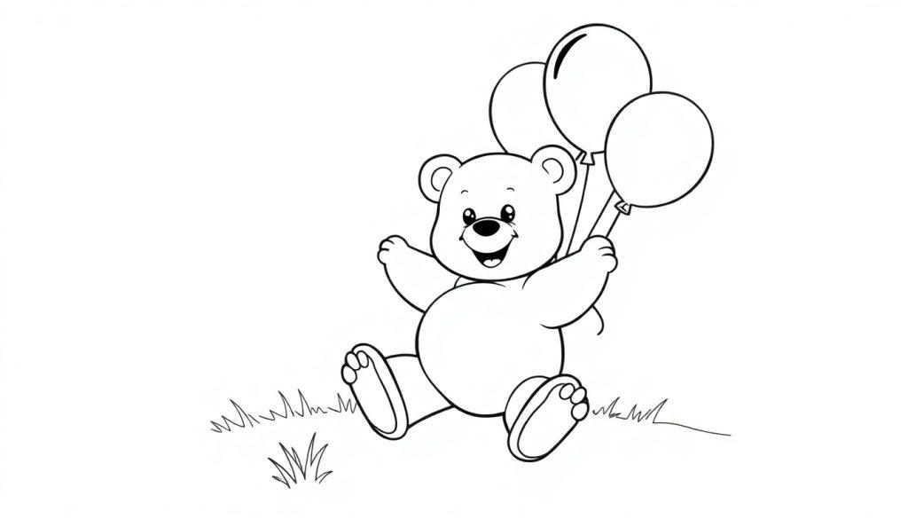 Ein lächelnder Teddybär sitzt auf einer sonnigen Wiese und hält drei bunte Ballons, Farbtafel