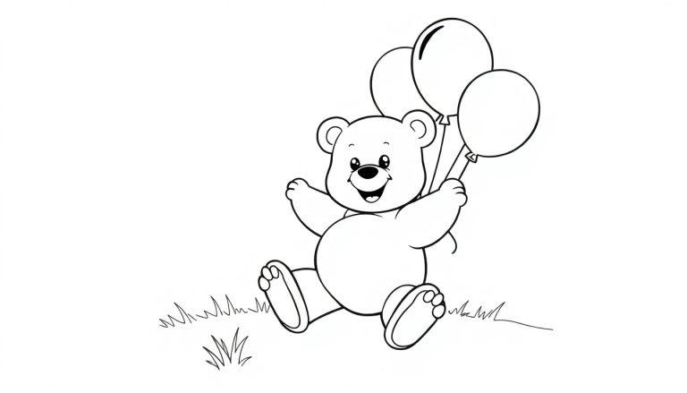 Ein lächelnder Teddybär sitzt auf einer sonnigen Wiese und hält drei bunte Ballons, Farbtafel