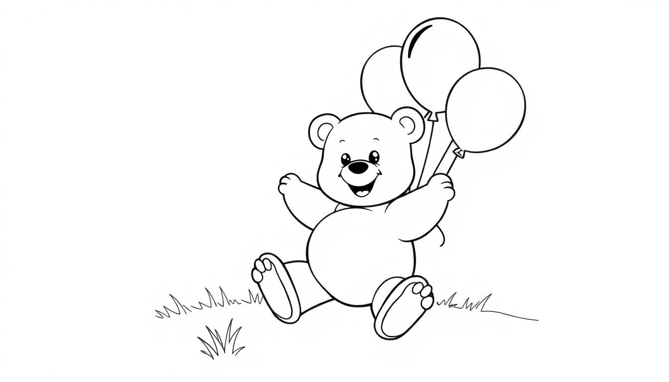 Ein lächelnder Teddybär sitzt auf einer sonnigen Wiese und hält drei bunte Ballons, Farbtafel
