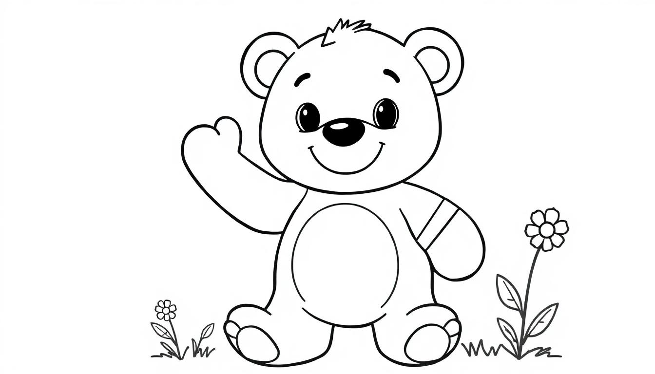 Schwarz-weiß Farbtafel: Ein fröhlicher Cartoon-Teddybär mit einer Bandage winkt.