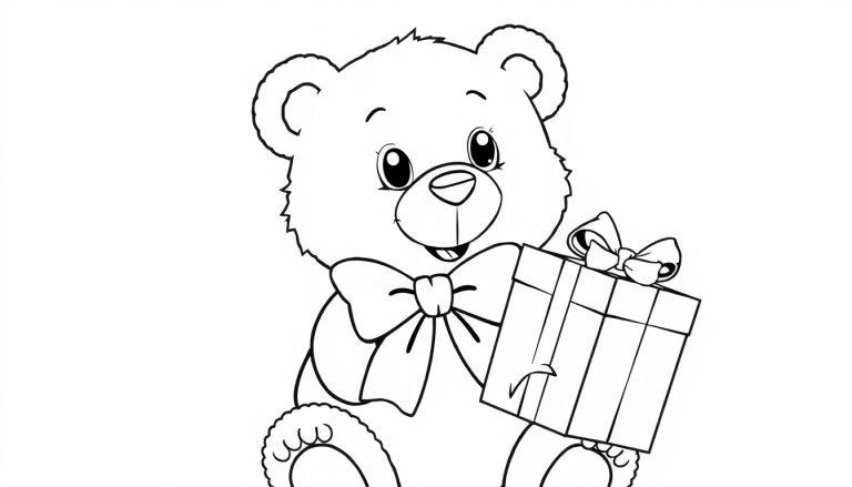 Schwarz-weiße Farbtafel eines Teddybären mit Schleife, der ein Geschenk hält.