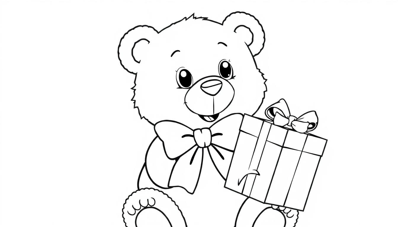 Schwarz-weiße Farbtafel eines Teddybären mit Schleife, der ein Geschenk hält.