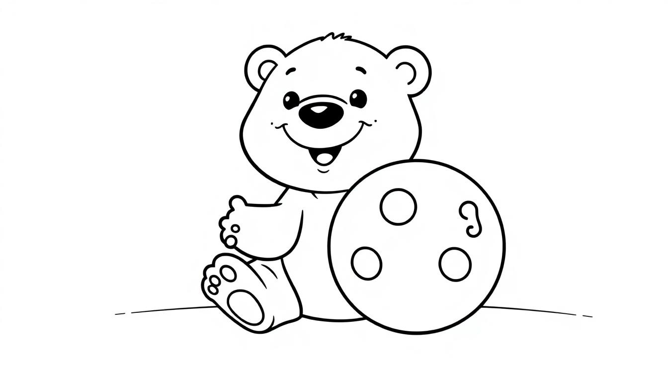 Schwarz-weiße Farbtafel-Zeichnung eines Teddybären, der auf dem Boden sitzt und einen Keks hält.