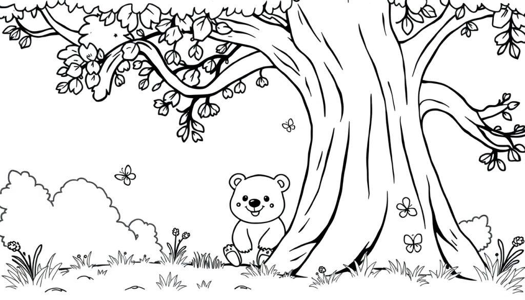 Schwarz-weiße Farbtafel eines Teddybären, der sich an einen Baum lehnt.