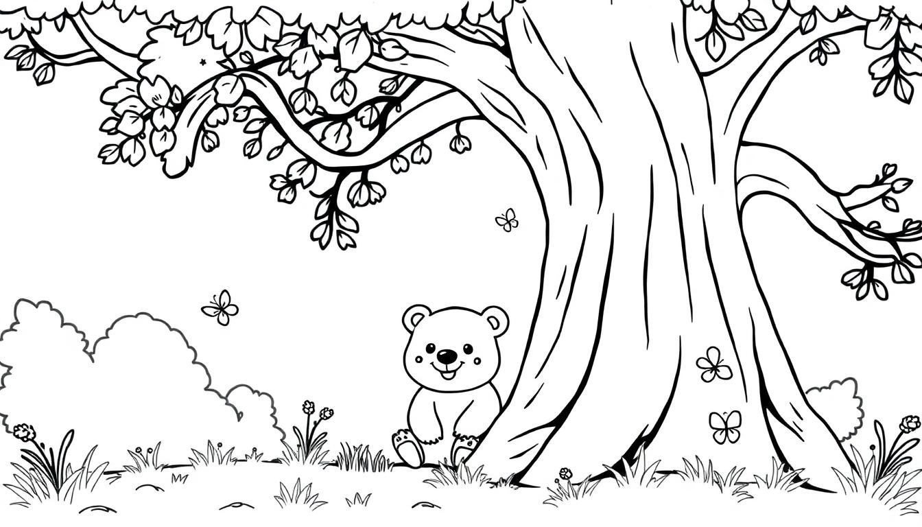 Schwarz-weiße Farbtafel eines Teddybären, der sich an einen Baum lehnt.