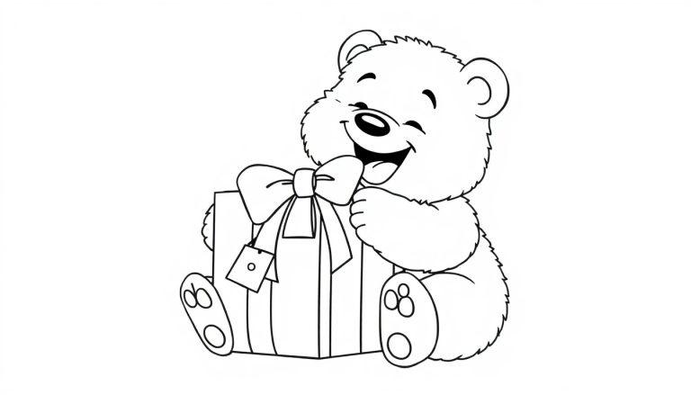 Ein lächelnder Teddybär sitzt neben einem Geschenk mit einer Schleife, Schwarz-Weiß-Farbtafel zum Ausmalen.