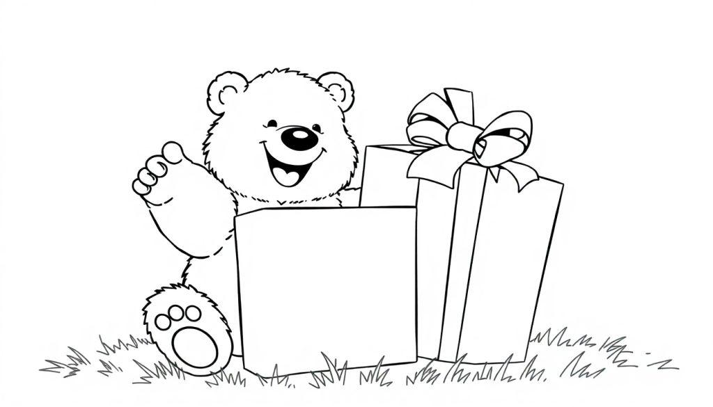 Schwarz-Weiß-Farbtafel: Ein Teddybär hält freudig ein großes Geschenk mit einer Schleife in den Händen.