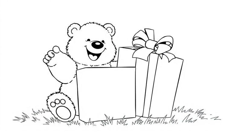 Schwarz-Weiß-Farbtafel: Ein Teddybär hält freudig ein großes Geschenk mit einer Schleife in den Händen.