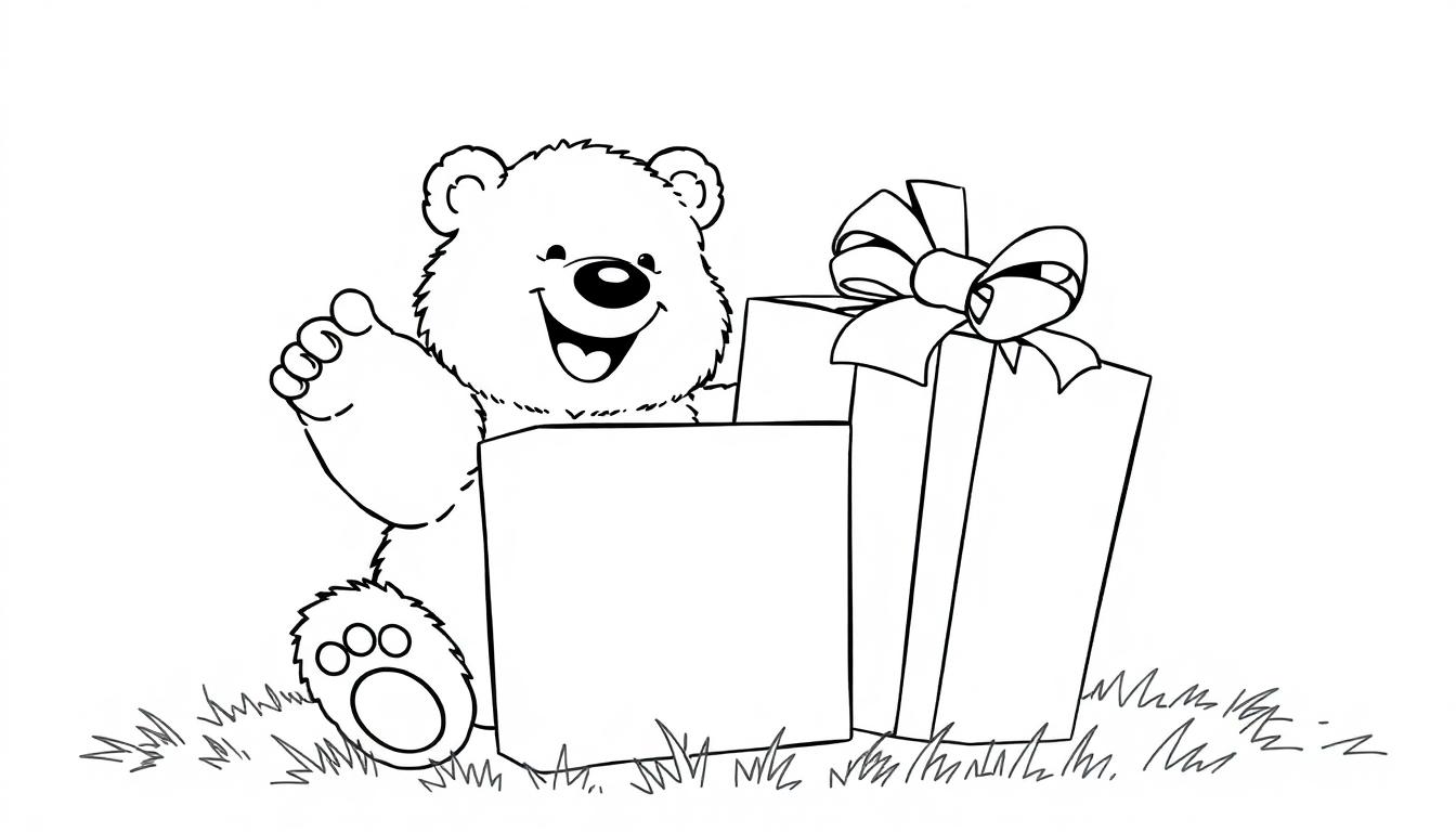 Schwarz-Weiß-Farbtafel: Ein Teddybär hält freudig ein großes Geschenk mit einer Schleife in den Händen.