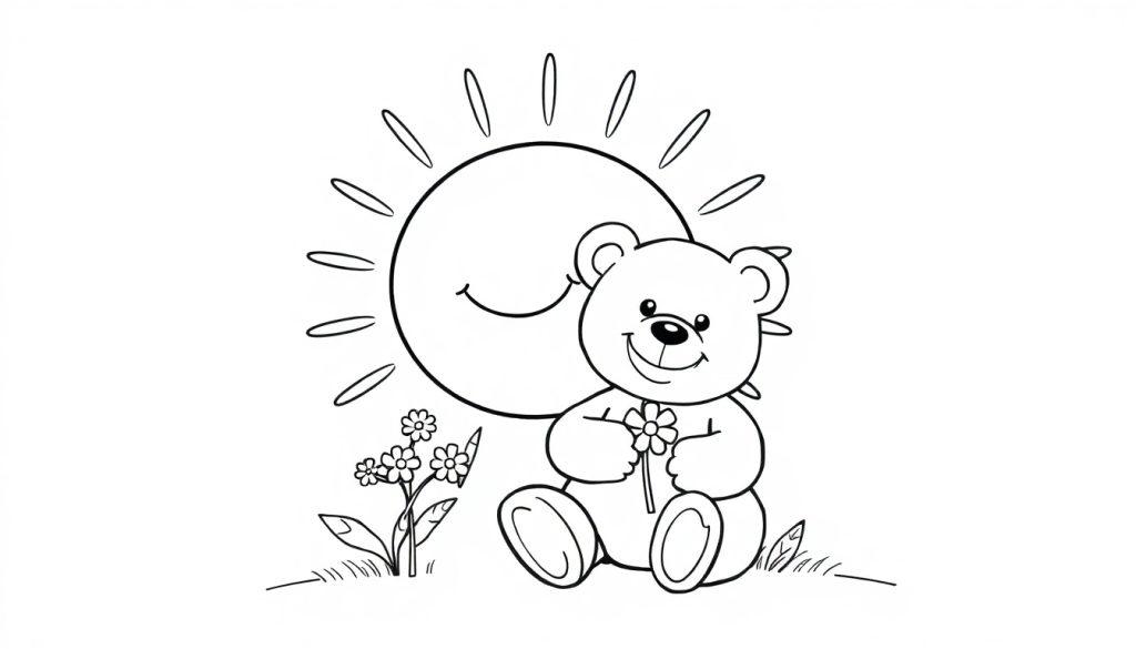 Schwarz-weiße Farbtafel eines Teddybären, der eine Blume hält, mit einer lächelnden Sonne im Hintergrund und Blumen und Gras.