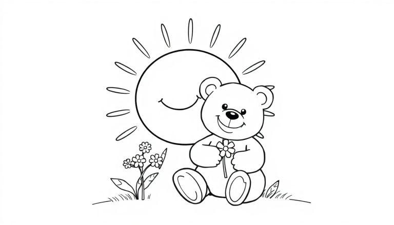 Schwarz-weiße Farbtafel eines Teddybären, der eine Blume hält, mit einer lächelnden Sonne im Hintergrund und Blumen und Gras.